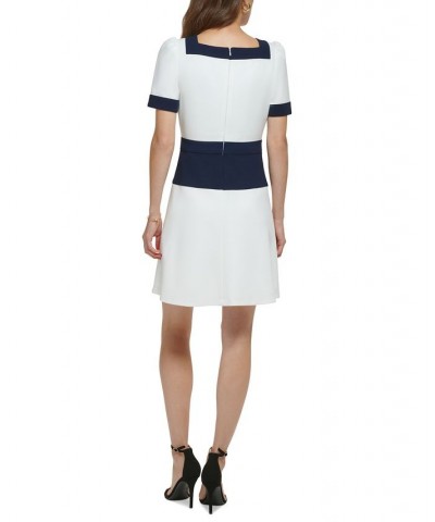 Women's Zip-Front Colorblocked Short-Sleeve Dress Cream/Navy $36.19 Dresses