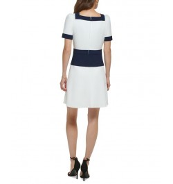 Women's Zip-Front Colorblocked Short-Sleeve Dress Cream/Navy $36.19 Dresses