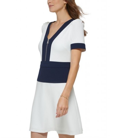 Women's Zip-Front Colorblocked Short-Sleeve Dress Cream/Navy $36.19 Dresses