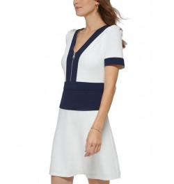 Women's Zip-Front Colorblocked Short-Sleeve Dress Cream/Navy $36.19 Dresses