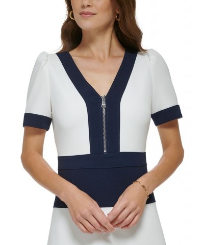 Women's Zip-Front Colorblocked Short-Sleeve Dress Cream/Navy $36.19 Dresses