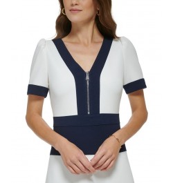 Women's Zip-Front Colorblocked Short-Sleeve Dress Cream/Navy $36.19 Dresses