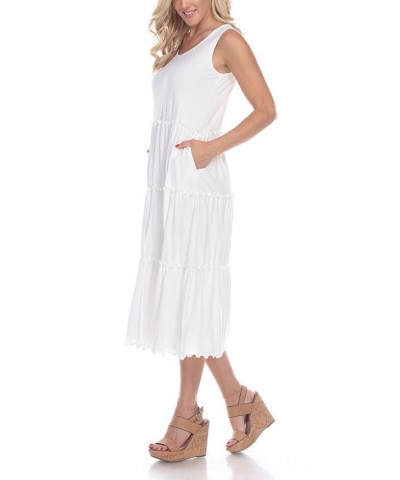 Women's Scoop Neck Tiered Midi Dress White $17.16 Dresses