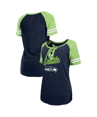 Women's College Navy Neon Green Seattle Seahawks Logo Lace-Up Raglan T-shirt Blue $21.83 Tops