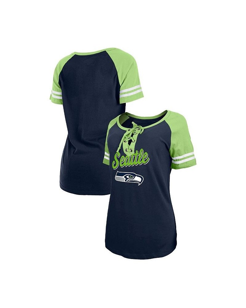 Women's College Navy Neon Green Seattle Seahawks Logo Lace-Up Raglan T-shirt Blue $21.83 Tops