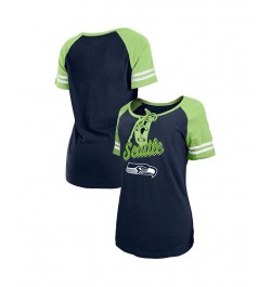 Women's College Navy Neon Green Seattle Seahawks Logo Lace-Up Raglan T-shirt Blue $21.83 Tops