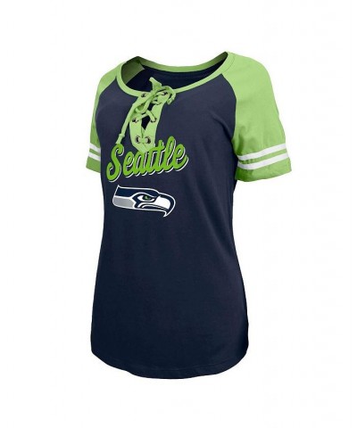 Women's College Navy Neon Green Seattle Seahawks Logo Lace-Up Raglan T-shirt Blue $21.83 Tops