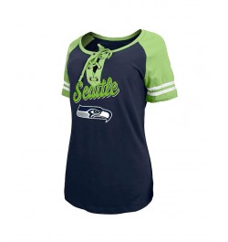 Women's College Navy Neon Green Seattle Seahawks Logo Lace-Up Raglan T-shirt Blue $21.83 Tops