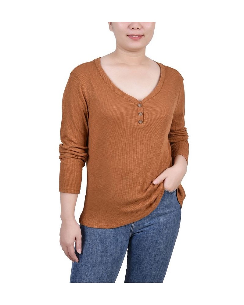 Petite Long Sleeve Ribbed Henley Top Brown $21.20 Tops