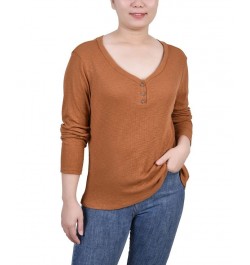 Petite Long Sleeve Ribbed Henley Top Brown $21.20 Tops