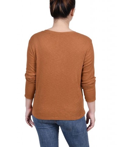 Petite Long Sleeve Ribbed Henley Top Brown $21.20 Tops