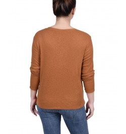 Petite Long Sleeve Ribbed Henley Top Brown $21.20 Tops