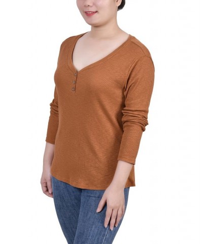 Petite Long Sleeve Ribbed Henley Top Brown $21.20 Tops