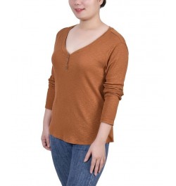 Petite Long Sleeve Ribbed Henley Top Brown $21.20 Tops