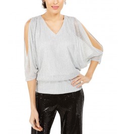 Split-Sleeve Metallic Blouson Top Silver $40.29 Tops