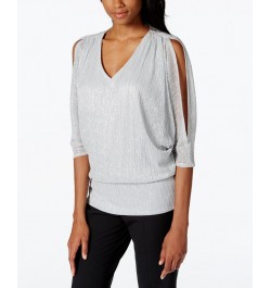 Split-Sleeve Metallic Blouson Top Silver $40.29 Tops