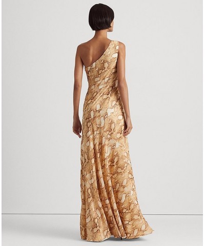 Women's Printed Georgette One-Shoulder Gown Cream Multi $45.44 Dresses