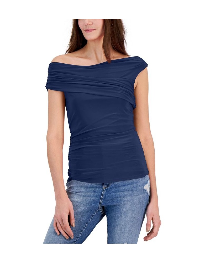 Women's Ruched One-Shoulder Top Blue $16.66 Tops