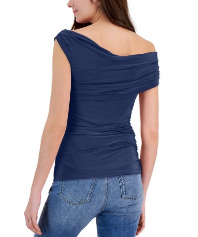 Women's Ruched One-Shoulder Top Blue $16.66 Tops