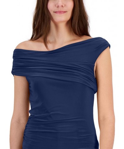 Women's Ruched One-Shoulder Top Blue $16.66 Tops