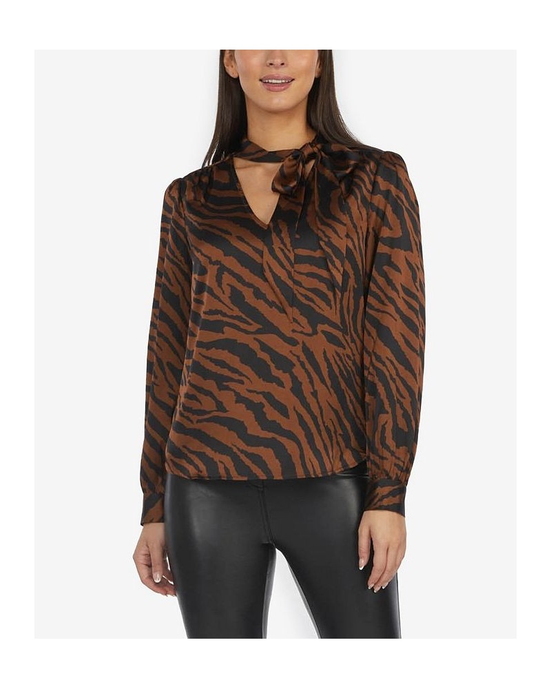 Women's Tie Neck Pullover Blouse Brown $25.62 Tops