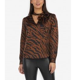 Women's Tie Neck Pullover Blouse Brown $25.62 Tops