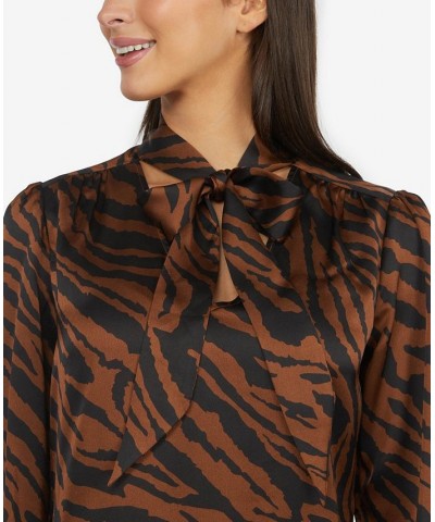 Women's Tie Neck Pullover Blouse Brown $25.62 Tops