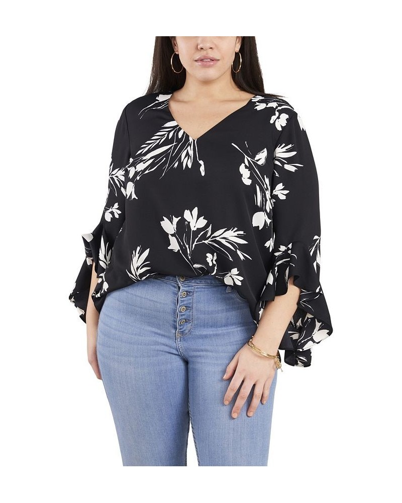 Plus Size Flutter Sleeve Floral Whisps V-Neck Tunic Deep Azure $25.59 Tops