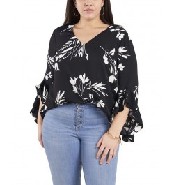 Plus Size Flutter Sleeve Floral Whisps V-Neck Tunic Deep Azure $25.59 Tops