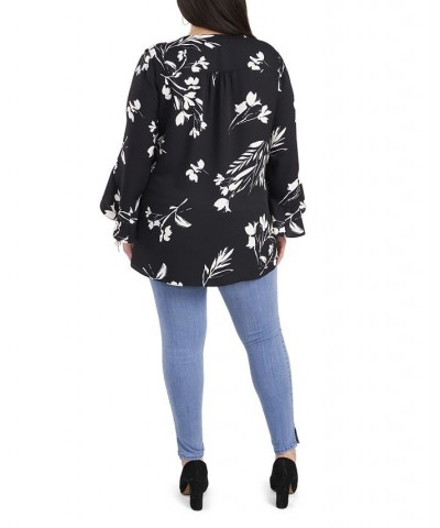 Plus Size Flutter Sleeve Floral Whisps V-Neck Tunic Deep Azure $25.59 Tops