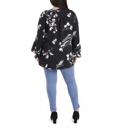 Plus Size Flutter Sleeve Floral Whisps V-Neck Tunic Deep Azure $25.59 Tops