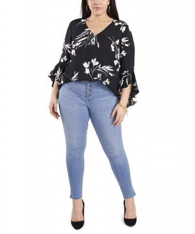 Plus Size Flutter Sleeve Floral Whisps V-Neck Tunic Deep Azure $25.59 Tops