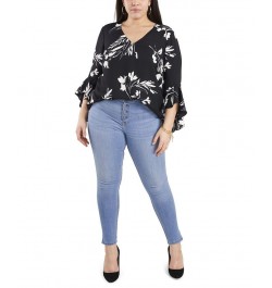 Plus Size Flutter Sleeve Floral Whisps V-Neck Tunic Deep Azure $25.59 Tops