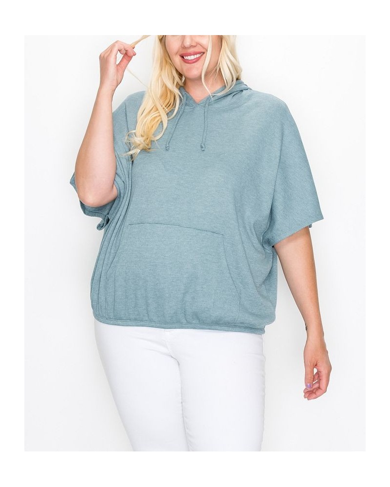 Plus Size Batwing Pocket Hoodie Mineral Blue $27.26 Sweatshirts