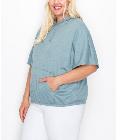 Plus Size Batwing Pocket Hoodie Mineral Blue $27.26 Sweatshirts