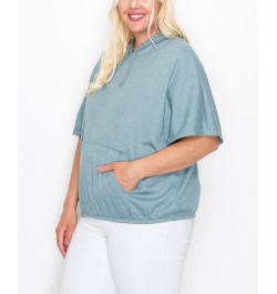 Plus Size Batwing Pocket Hoodie Mineral Blue $27.26 Sweatshirts