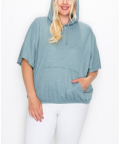 Plus Size Batwing Pocket Hoodie Mineral Blue $27.26 Sweatshirts