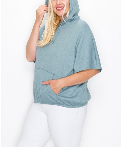 Plus Size Batwing Pocket Hoodie Mineral Blue $27.26 Sweatshirts