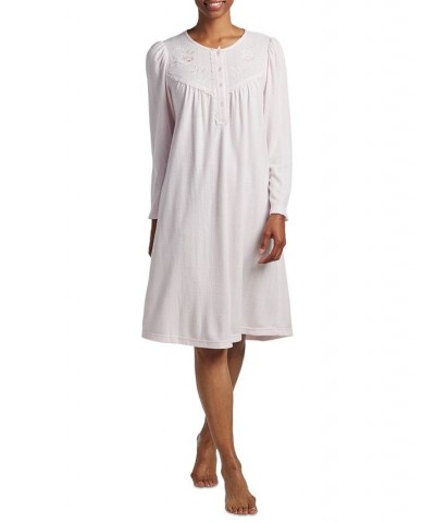 Women's Lace-Trim Long-Sleeve Knit Nightgown Pink $28.27 Sleepwear