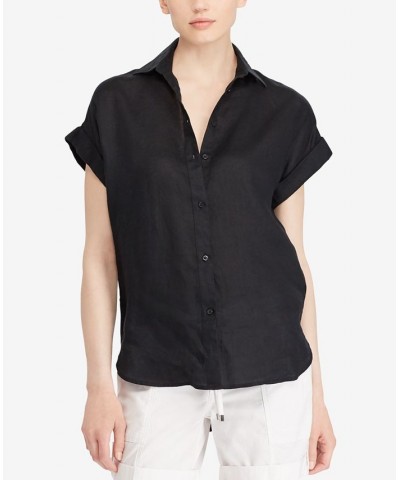 Dolman-Sleeve Linen Shirt Polo Black $53.66 Tops