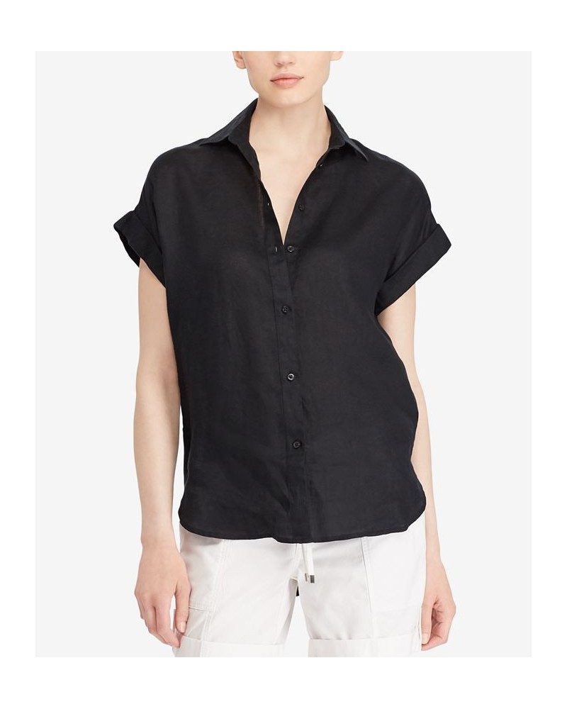 Dolman-Sleeve Linen Shirt Polo Black $53.66 Tops