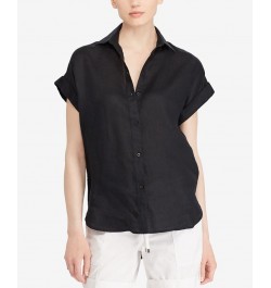 Dolman-Sleeve Linen Shirt Polo Black $53.66 Tops