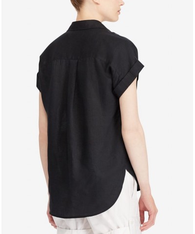 Dolman-Sleeve Linen Shirt Polo Black $53.66 Tops