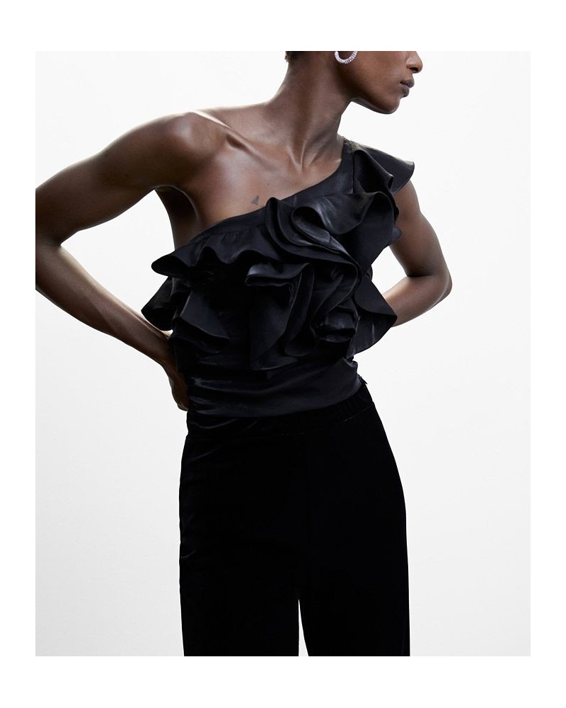 Women's Asymmetric Ruffled Blouse Black $45.00 Tops