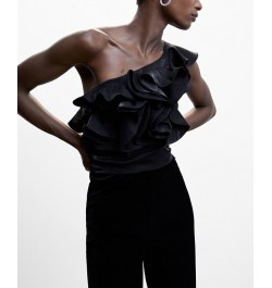 Women's Asymmetric Ruffled Blouse Black $45.00 Tops