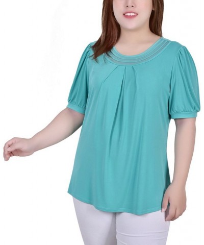 Plus Size Short Puff Sleeve Sheer Inset Top Brown $13.52 Tops