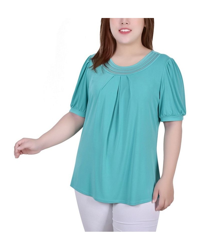 Plus Size Short Puff Sleeve Sheer Inset Top Brown $13.52 Tops