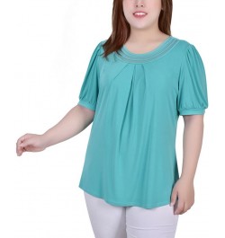 Plus Size Short Puff Sleeve Sheer Inset Top Brown $13.52 Tops