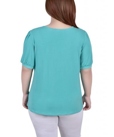 Plus Size Short Puff Sleeve Sheer Inset Top Brown $13.52 Tops