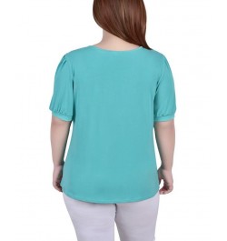 Plus Size Short Puff Sleeve Sheer Inset Top Brown $13.52 Tops